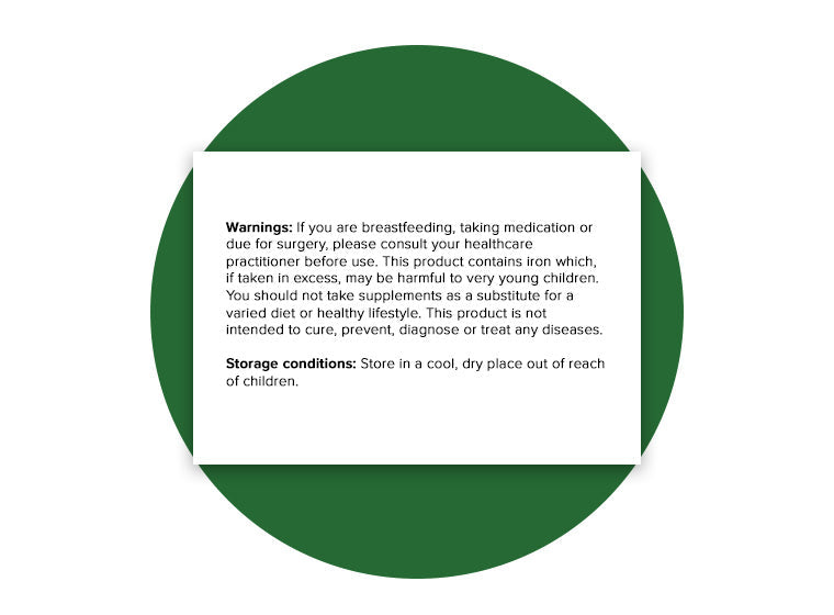 Warnings and storage conditions for Hey Nutrition Multivitamins & Minerals. Advises consultation with a healthcare professional if breastfeeding, taking medication, or due for surgery. Contains iron, which if consumed in excess, may be harmful to young children. The supplement should not replace a varied diet and healthy lifestyle and is not intended to cure or prevent diseases. Storage instructions recommend keeping in a cool, dry place out of reach of children.