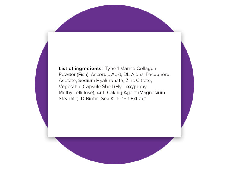 Detailed list of Collagen Complex ingredients, including Type 1 Marine Collagen Powder (Fish), Ascorbic Acid (Vitamin C), DL-Alpha-Tocopherol Acetate (Vitamin E), Sodium Hyaluronate (Hyaluronic Acid), Zinc Citrate, Vegetable Capsule Shell (Hydroxypropyl Methylcellulose), Anti-Caking Agent (Magnesium Stearate), D-Biotin, and Sea Kelp 15:1 Extract.
