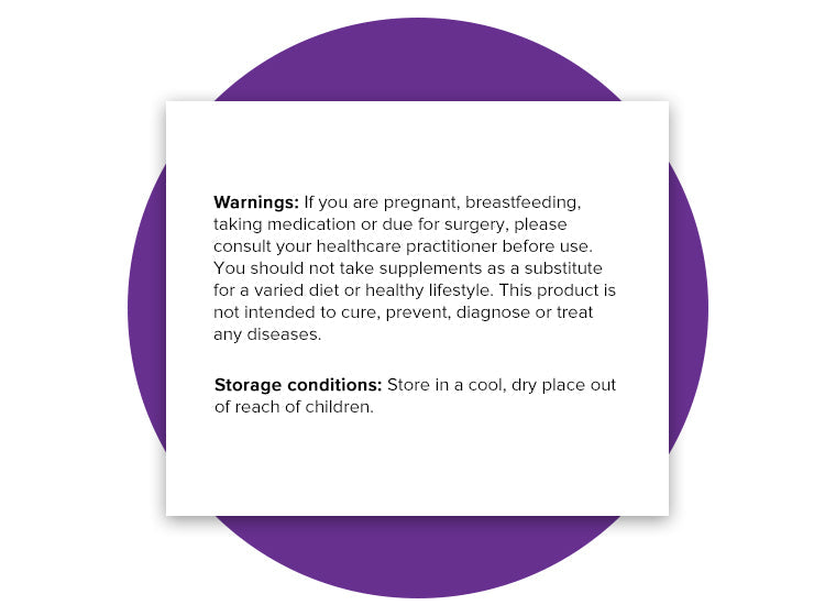 Warning and storage instructions for Collagen Complex supplements, advising consultation with a healthcare professional if pregnant, breastfeeding, taking medication, or preparing for surgery, and emphasizing that supplements are not substitutes for a healthy diet. Product should be stored in a cool, dry place out of reach of children.