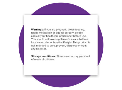 Warning and storage instructions for Collagen Complex supplements, advising consultation with a healthcare professional if pregnant, breastfeeding, taking medication, or preparing for surgery, and emphasizing that supplements are not substitutes for a healthy diet. Product should be stored in a cool, dry place out of reach of children.