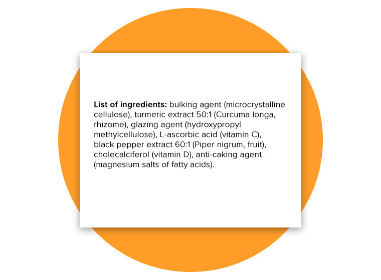 List of detailed ingredients: bulking agent (microcrystalline cellulose), turmeric extract 50:1 (Curcuma longa, rhizome), glazing agent (hydroxypropyl methylcellulose), L-ascorbic acid (Vitamin C), black pepper extract 60:1 (Piper nigrum, fruit), cholecalciferol (Vitamin D3), anti-caking agent (magnesium salts of fatty acids).