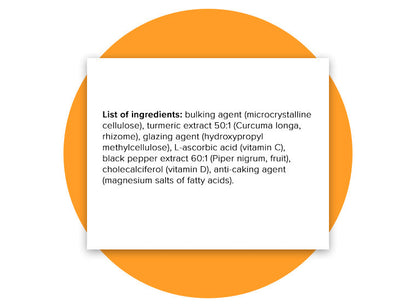 List of detailed ingredients: bulking agent (microcrystalline cellulose), turmeric extract 50:1 (Curcuma longa, rhizome), glazing agent (hydroxypropyl methylcellulose), L-ascorbic acid (Vitamin C), black pepper extract 60:1 (Piper nigrum, fruit), cholecalciferol (Vitamin D3), anti-caking agent (magnesium salts of fatty acids).