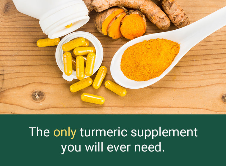 Open turmeric capsules with golden powder and root slices displayed on a wooden surface, alongside the text “The only turmeric supplement you will ever need.”