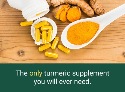 Open turmeric capsules with golden powder and root slices displayed on a wooden surface, alongside the text “The only turmeric supplement you will ever need.”