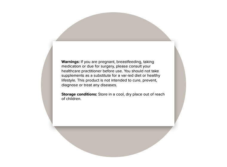 Warnings and storage conditions for Magnesium Complex. Advises consulting a healthcare practitioner if pregnant, breastfeeding, taking medication, or due for surgery. Product should not be used as a substitute for a varied diet or healthy lifestyle and is not intended to diagnose, treat, cure, or prevent any disease. Storage conditions: store in a cool, dry place out of reach of children.