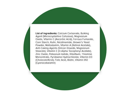 Detailed list of ingredients for Hey Nutrition Multivitamins & Minerals supplement, including Calcium Carbonate, bulking agent (microcrystalline cellulose), Magnesium Oxide, Vitamin C (ascorbic acid), Ferrous Fumarate, Corn Starch, Rutin, Nicotinamide, Brewer’s Yeast Powder, Maltodextrin, Vitamin A (Retinol Acetate), anti-caking agents (Silicon Dioxide, Magnesium Stearate), Vitamin E (D-Alpha Tocopheryl Acetate), Zinc Oxide, Potassium Iodide, Riboflavin, Thiamine Mononitrate, Pyridoxine Hydrochloride, Vitam
