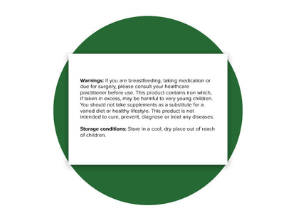 Warnings and storage conditions for Hey Nutrition Multivitamins & Minerals. Advises consultation with a healthcare professional if breastfeeding, taking medication, or due for surgery. Contains iron, which if consumed in excess, may be harmful to young children. The supplement should not replace a varied diet and healthy lifestyle and is not intended to cure or prevent diseases. Storage instructions recommend keeping in a cool, dry place out of reach of children.