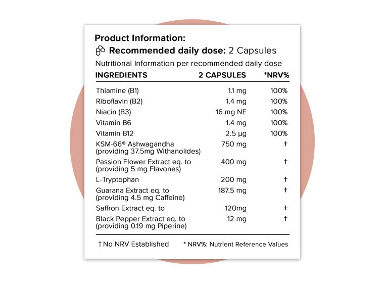 Product information panel for Hey Nutrition Ashwagandha Complex. Recommended daily dose: 2 capsules. Ingredients per 2 capsules: Thiamine (B1) 1.1 mg (100% NRV), Riboflavin (B2) 1.4 mg (100% NRV), Niacin (B3) 16 mg NE (100% NRV), Vitamin B6 1.4 mg (100% NRV), Vitamin B12 2.5 µg (100% NRV), KSM-66® Ashwagandha 750 mg (providing 37.5 mg Withanolides), Passion Flower Extract equivalent to 400 mg (providing 5 mg Flavones), L-Tryptophan 200 mg, Guarana Extract equivalent to 187.5 mg (providing 4.5 mg Caffeine), 