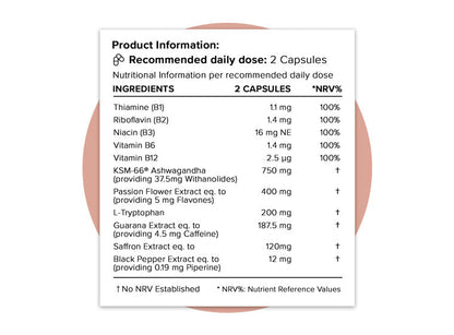 Product information panel for Hey Nutrition Ashwagandha Complex. Recommended daily dose: 2 capsules. Ingredients per 2 capsules: Thiamine (B1) 1.1 mg (100% NRV), Riboflavin (B2) 1.4 mg (100% NRV), Niacin (B3) 16 mg NE (100% NRV), Vitamin B6 1.4 mg (100% NRV), Vitamin B12 2.5 µg (100% NRV), KSM-66® Ashwagandha 750 mg (providing 37.5 mg Withanolides), Passion Flower Extract equivalent to 400 mg (providing 5 mg Flavones), L-Tryptophan 200 mg, Guarana Extract equivalent to 187.5 mg (providing 4.5 mg Caffeine), 