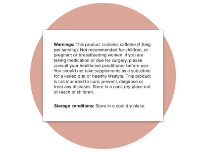 Warnings and storage conditions panel for Hey Nutrition Ashwagandha Complex. Warning: Contains caffeine (4.5 mg per serving). Not recommended for children, or pregnant or breastfeeding women. If taking medication or due for surgery, consult a healthcare practitioner before use. Should not be taken as a substitute for a varied diet or healthy lifestyle. Not intended to cure, prevent, diagnose, or treat any disease. Storage conditions: Store in a cool, dry place out of reach of children.
